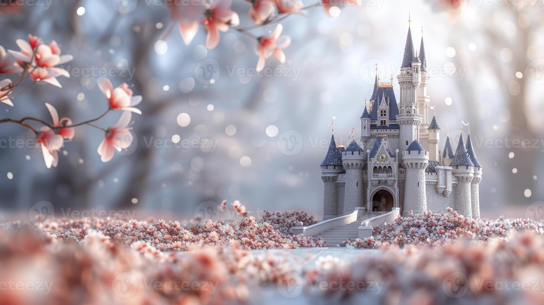 AI generated 3D Cartoon Style Beautiful Princess Castle Surrounded by Flowers photo