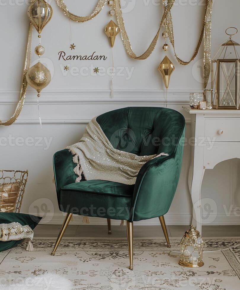AI generated Ramadan themed decorations velvet chair next to the word Ramadan photo