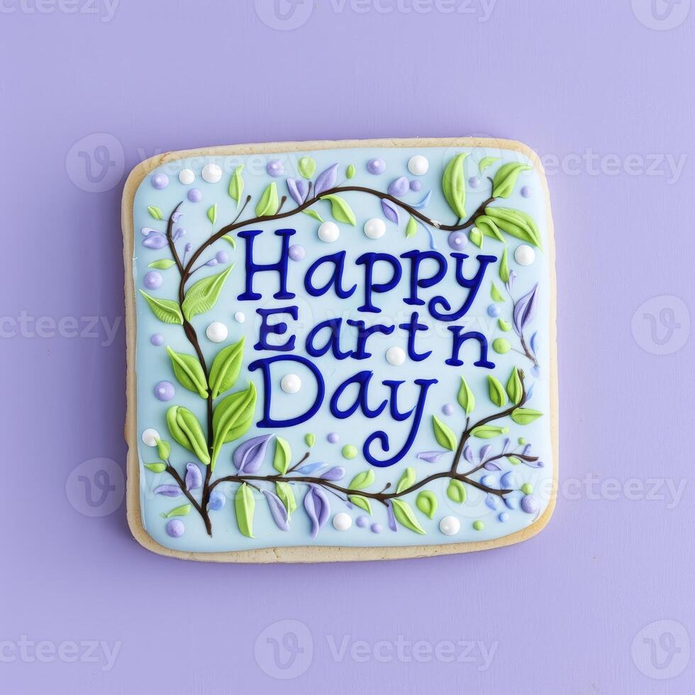 AI generated Happy Earth Day, the text on the blue and white sugar cookie photo