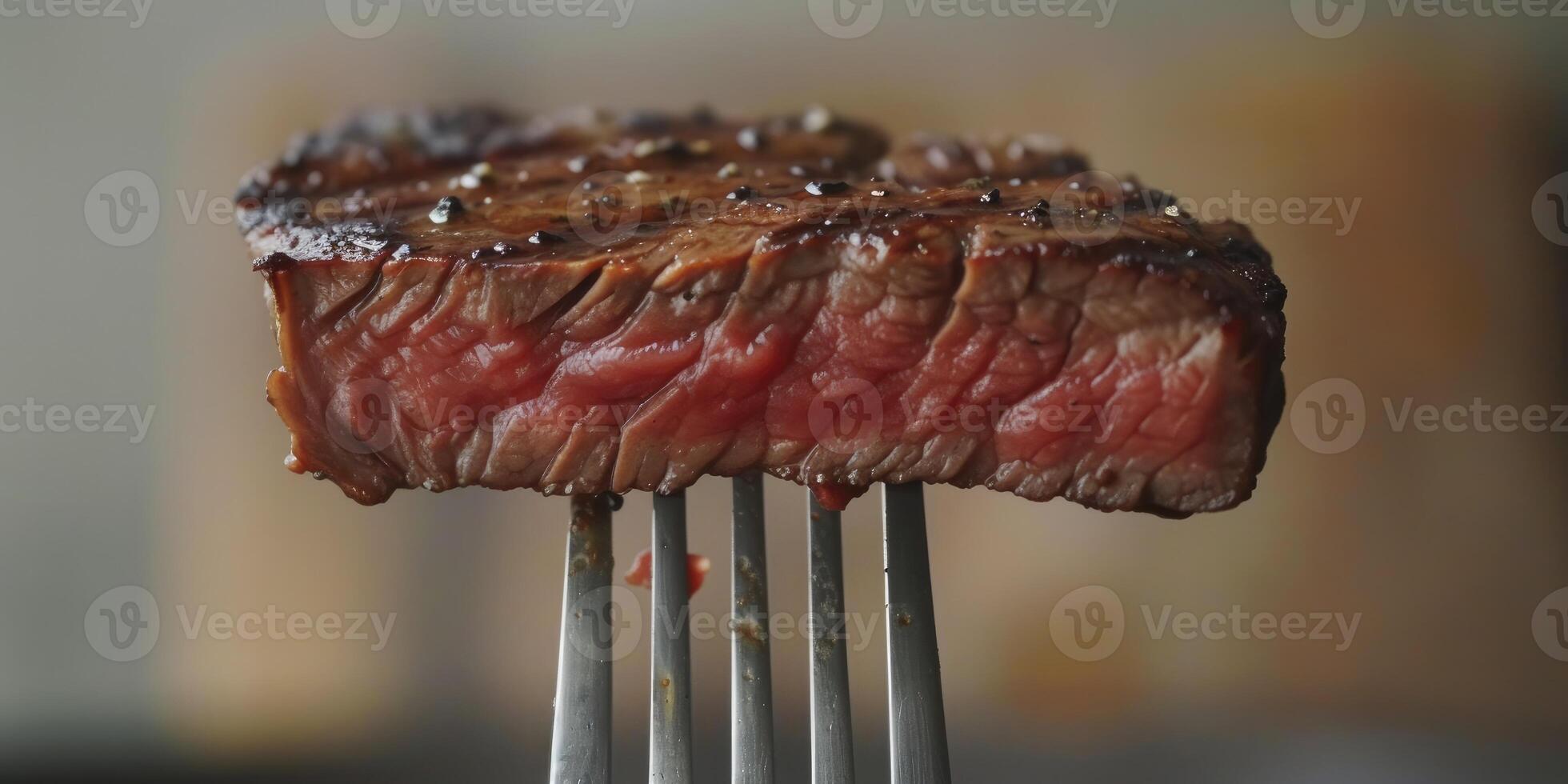 AI generated Slices of Freshly Grilled Steak on a Fork, Upright Position photo