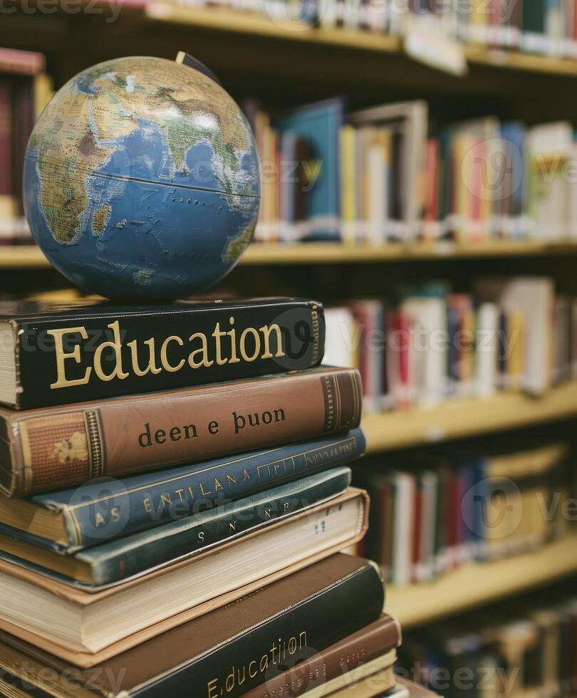 AI generated Books with the word Education on top features an earth globe. photo