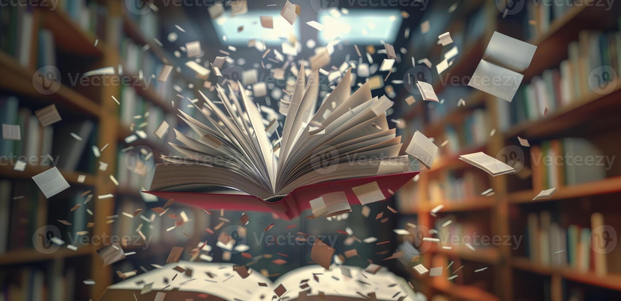 AI generated A book with open pages flying in the air surrounded by other books. photo