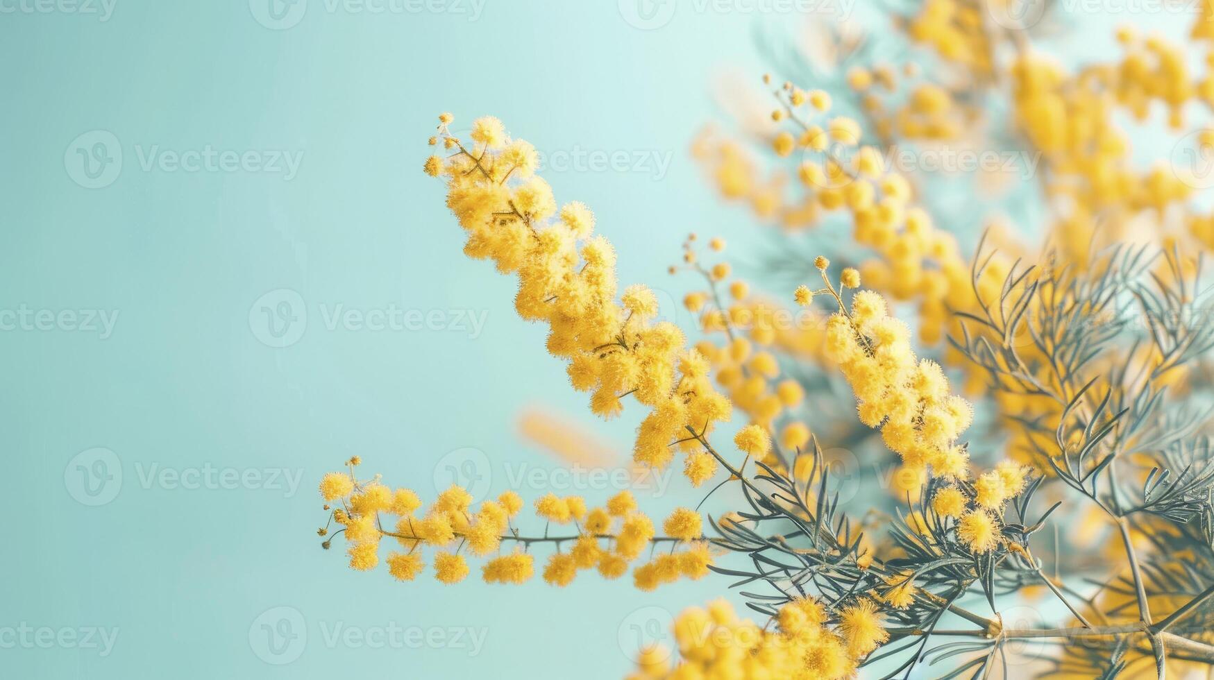 AI generated Beautiful mimosa flowers in a yellow color against a sky blue background photo