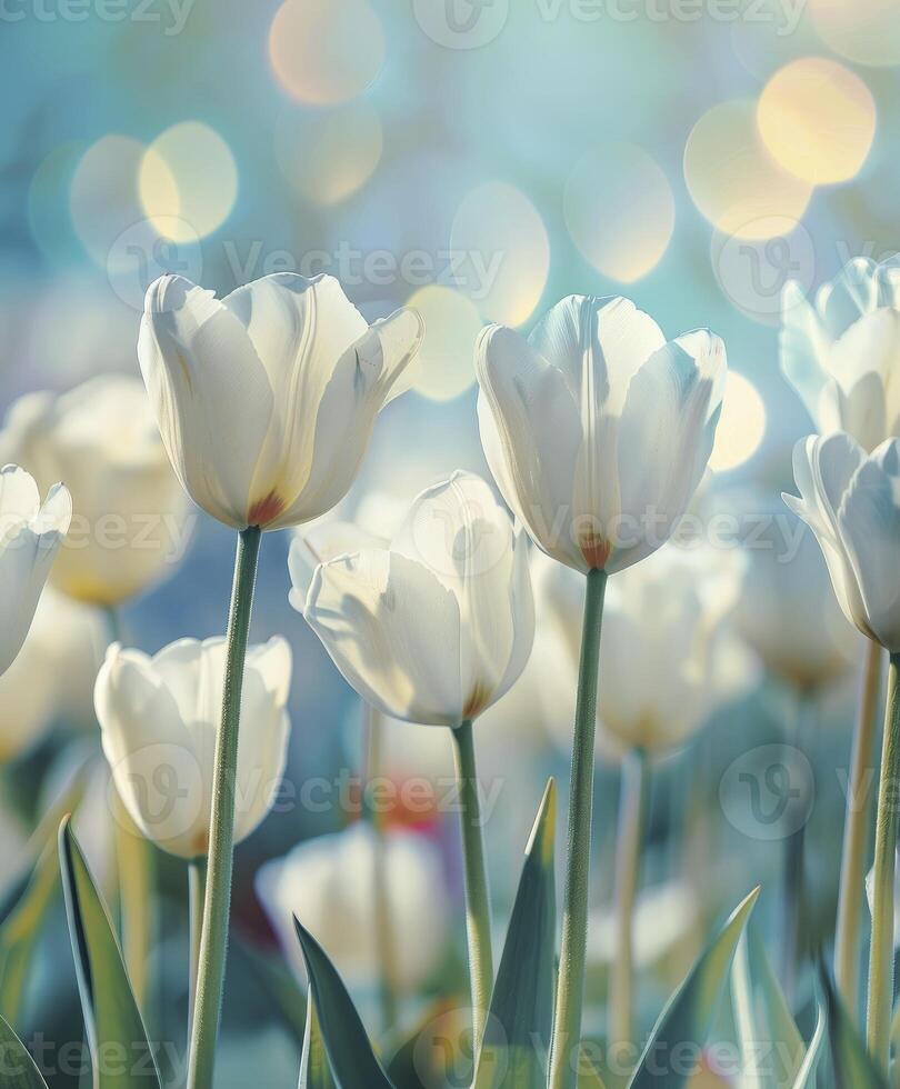 ai generado blanco tulipanes conjunto en contra un suave bokeh fondo, creando un hermosa y sereno primavera ambiente foto