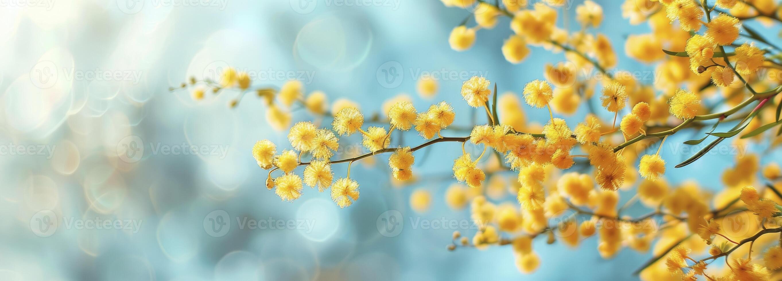 AI generated Beautiful mimosa flowers in a yellow color against a sky blue background photo