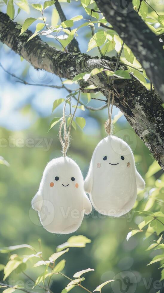 AI generated Two cute white smiling ghost dolls cotton hanging on a tree, green leaves background. photo