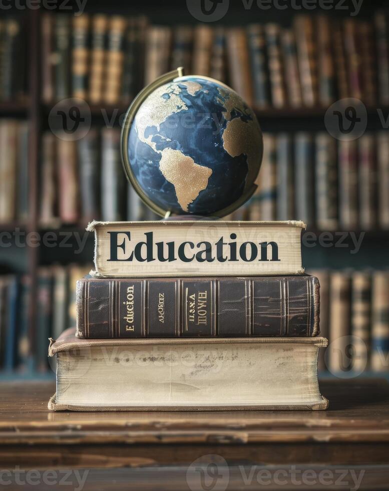 AI generated Books with the word Education on top features an earth globe. photo