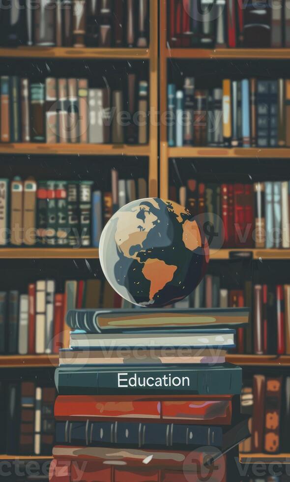 AI generated Books with the word Education on top features an earth globe. photo