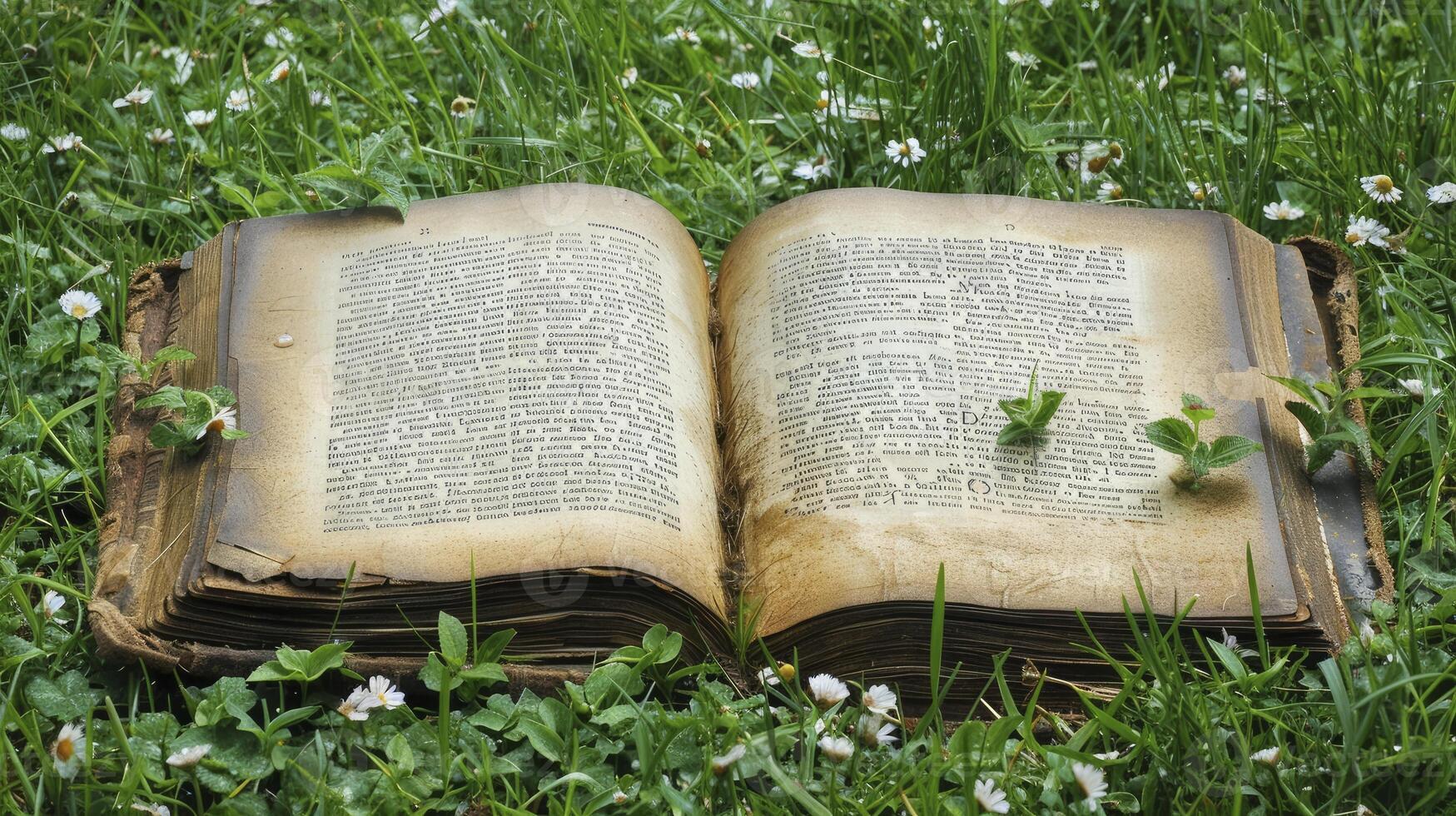 AI generated Open book on green grass photo