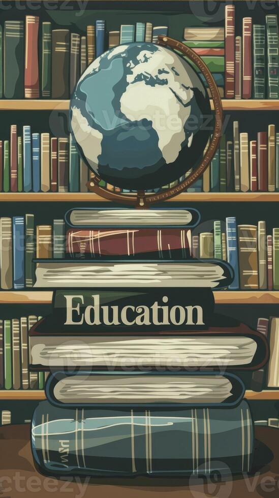 AI generated Books with the word Education on top features an earth globe. photo