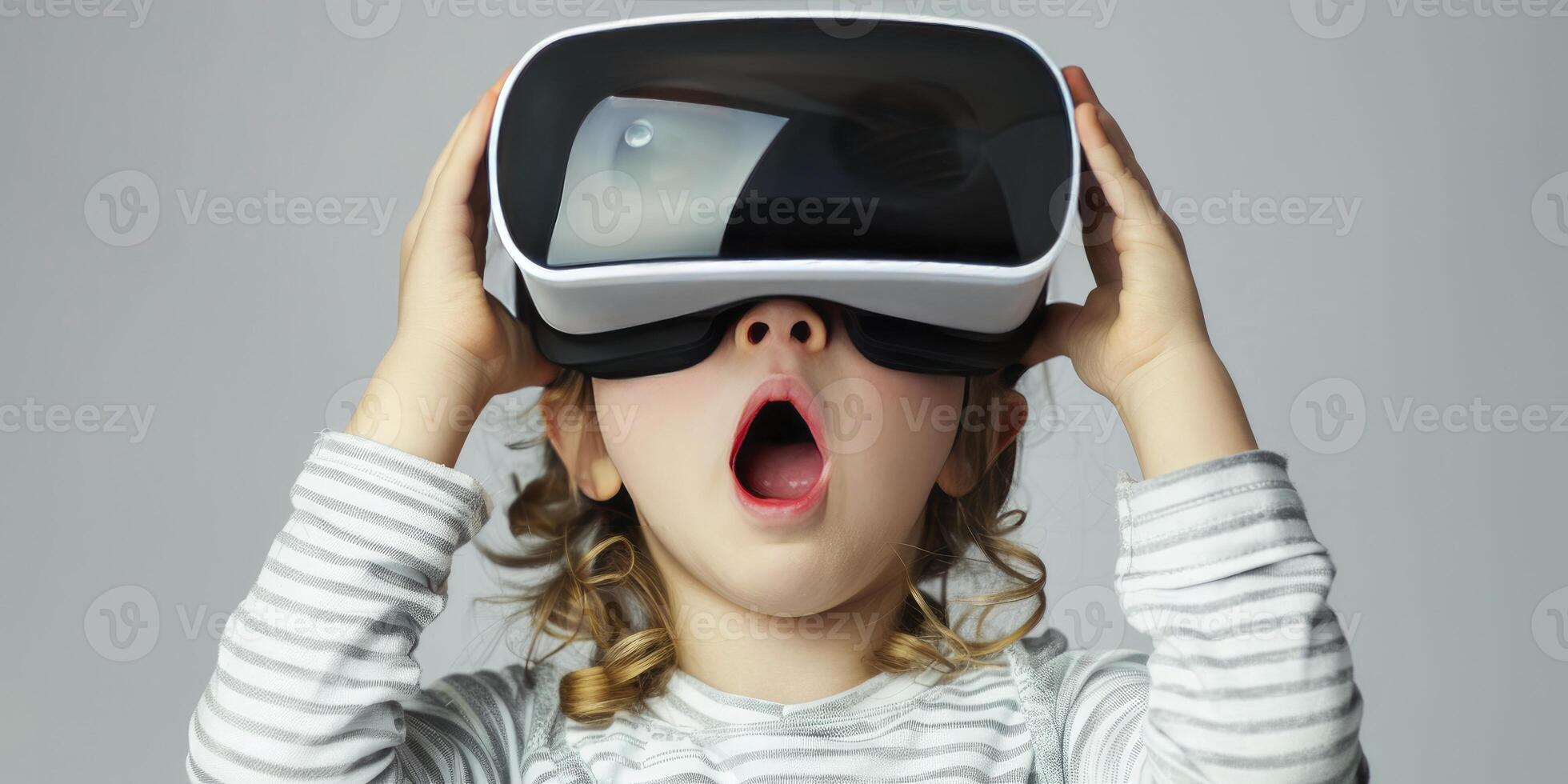 AI generated Youngster Wearing Large Modern Virtual Reality Glasses, Expressing Delight and Amazement photo