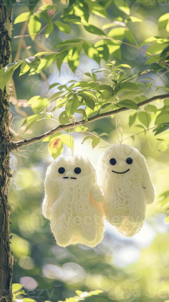 ai generado dos linda blanco sonriente fantasma muñecas algodón colgando en un árbol, verde hojas antecedentes. foto