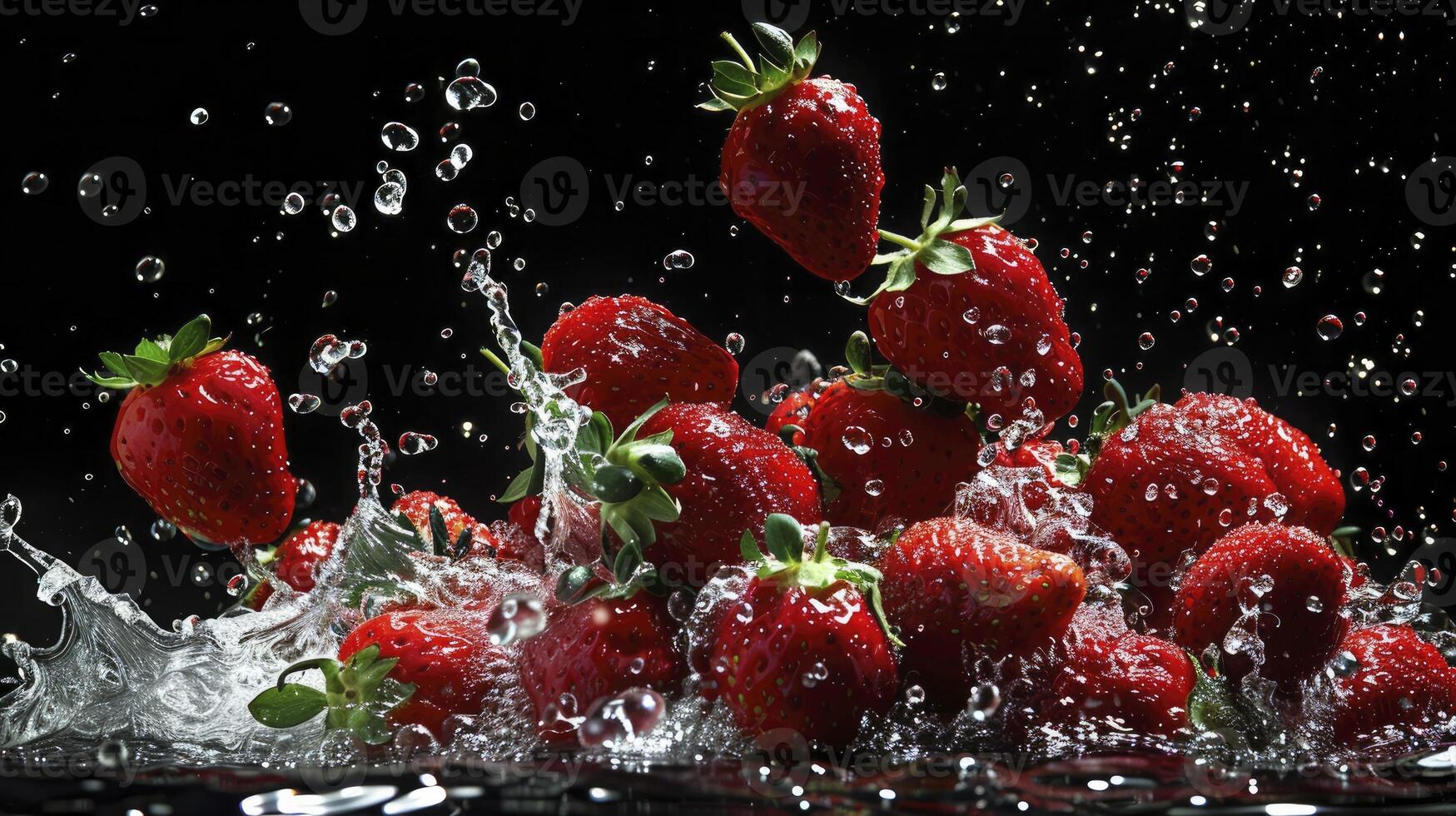 ai generado fresas y agua en el aire en un negro fondo, foto