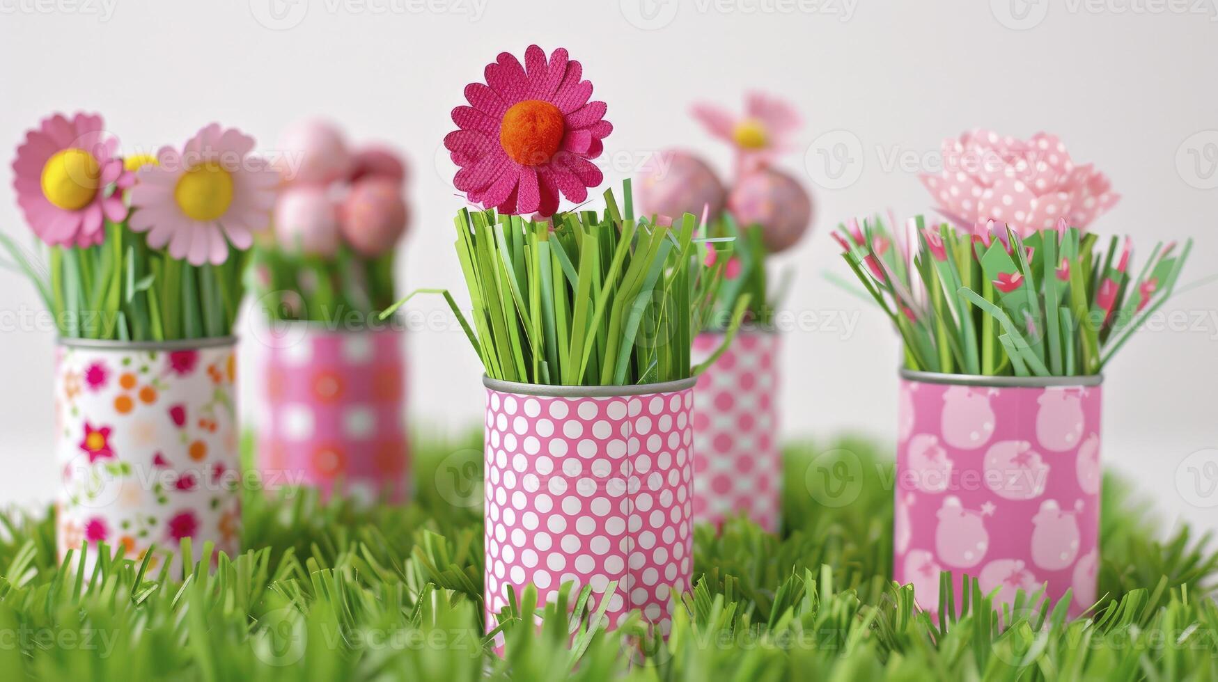 AI generated Spring-themed paper planters with grass and flowers. photo
