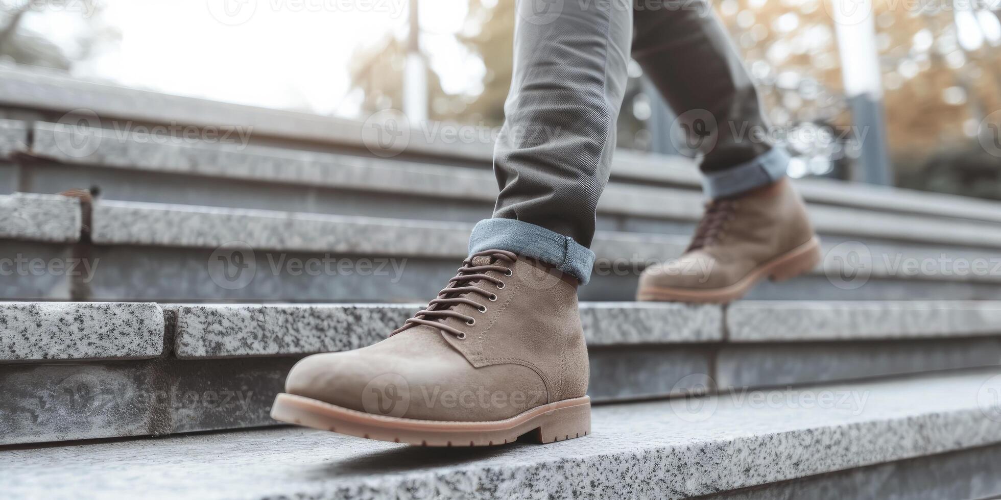 AI generated Close-Up Side View of a Business Person's Legs and Shoes Walking Up a Flight of Steps photo