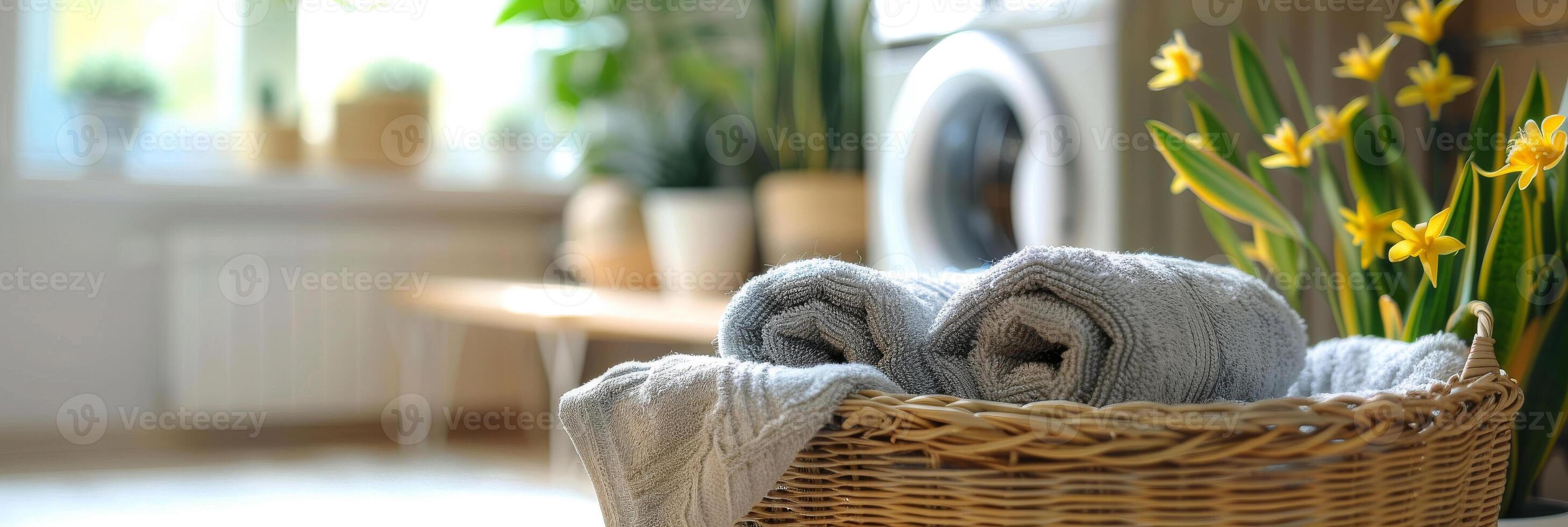 AI generated A stack of towels is neatly arranged on top of a wicker basket placed next to a washing machine in a cozy laundry room setting photo