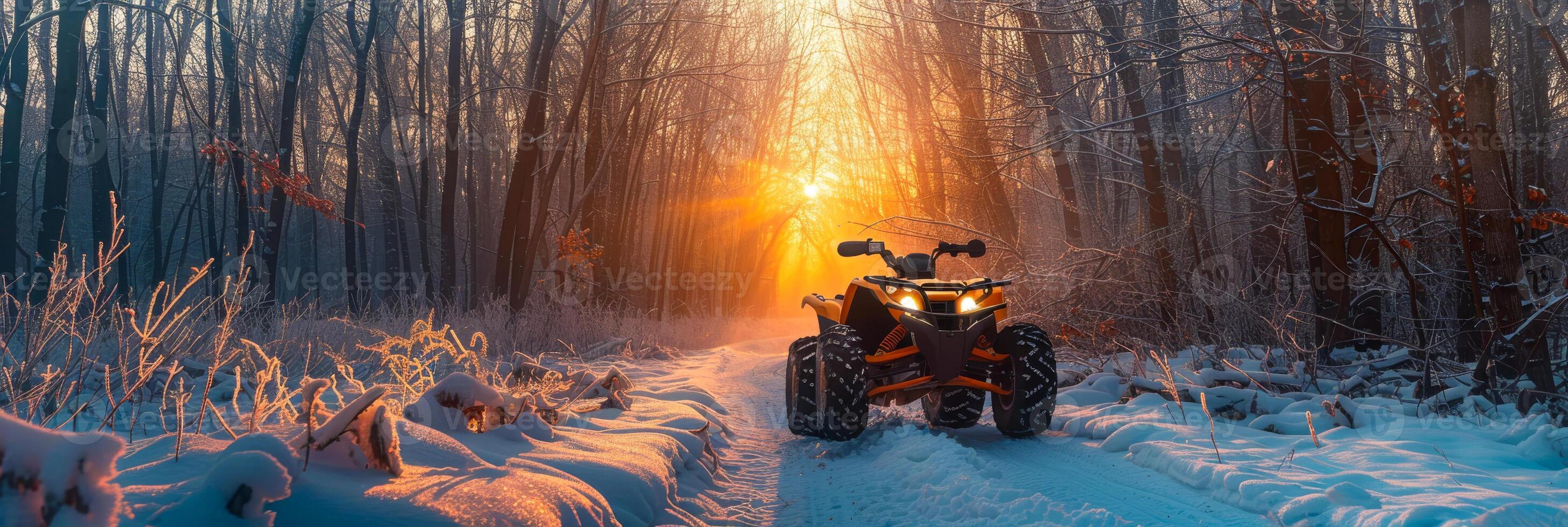 ai generado un amarillo cuatro ruedas navega mediante el Nevado terreno, dejando pistas detrás en el blanco en polvo nieve. foto