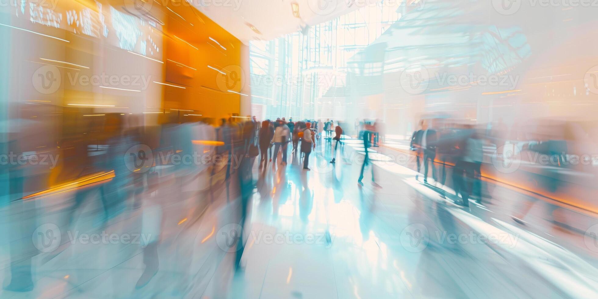 ai generado esta foto capturas un borroso escena de personas caminando mediante un bullicioso edificio, exhibiendo movimiento y actividad dentro el urbano ambiente.