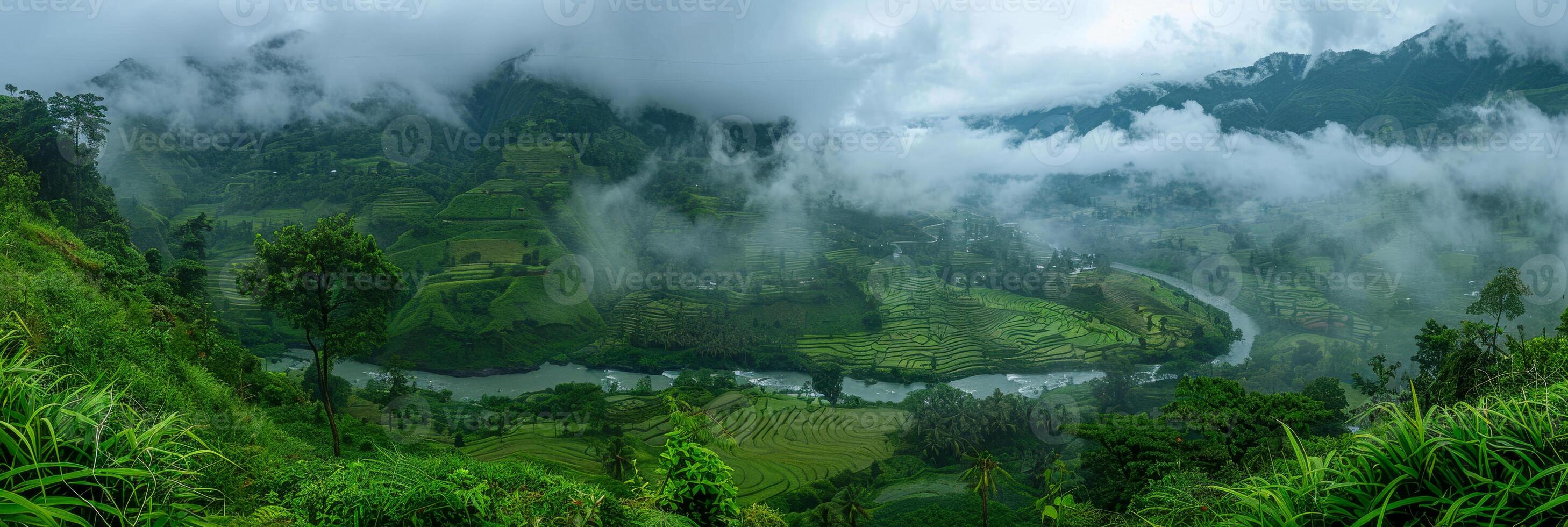 AI generated The image showcases a vast mountain range with a river flowing through it. The river cuts through the rugged terrain, adding contrast to the landscape photo