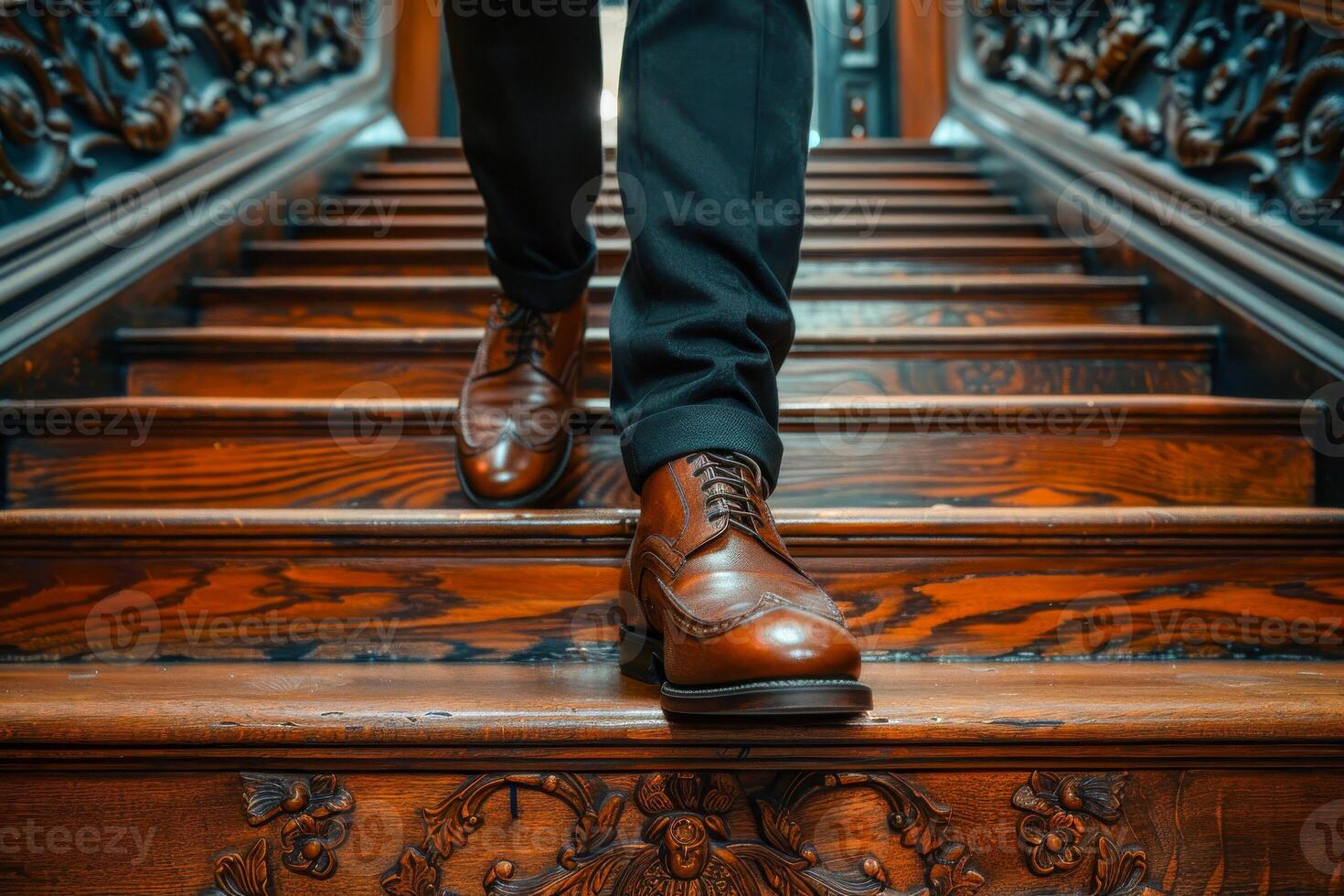 AI generated Polished brown leather shoes step confidently up a richly carved wooden staircase, embodying elegance and upward movement photo
