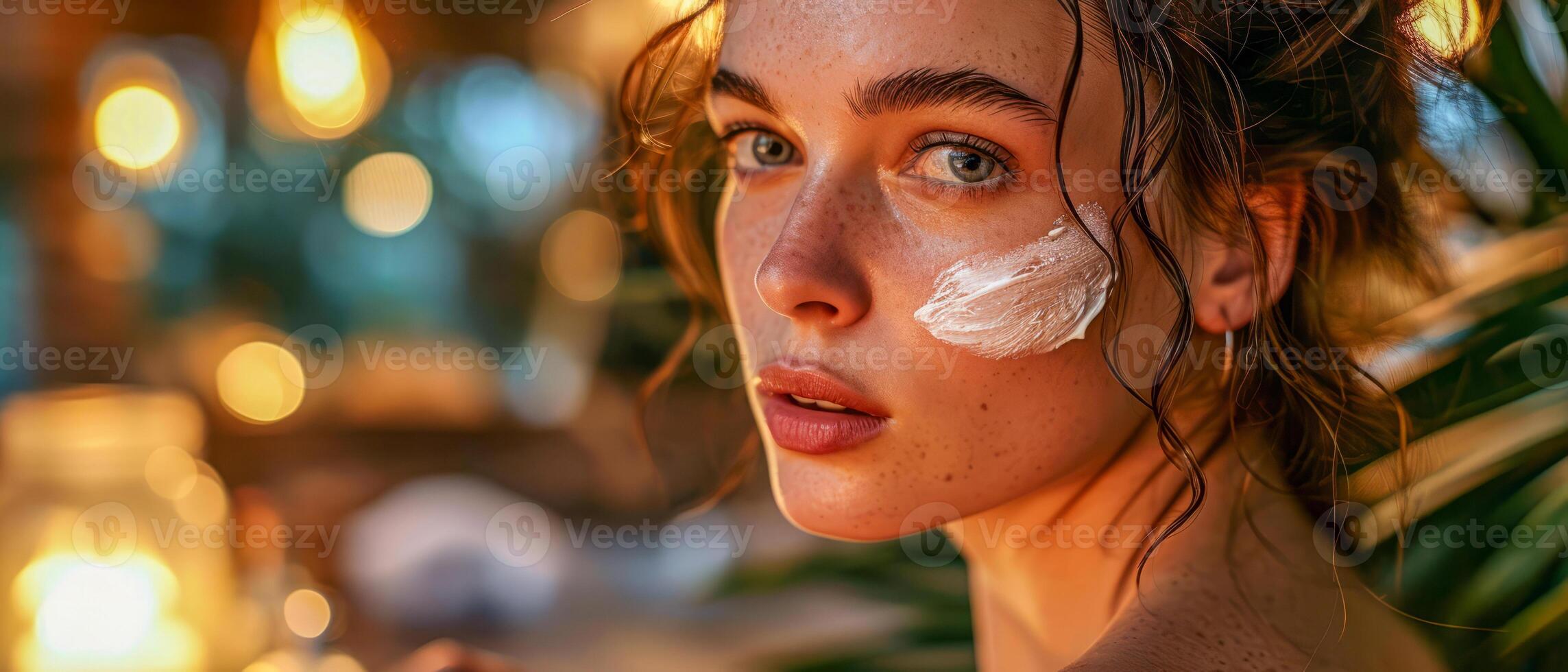 AI generated Serene beauty ritual at twilight. Young woman delicately applies photo