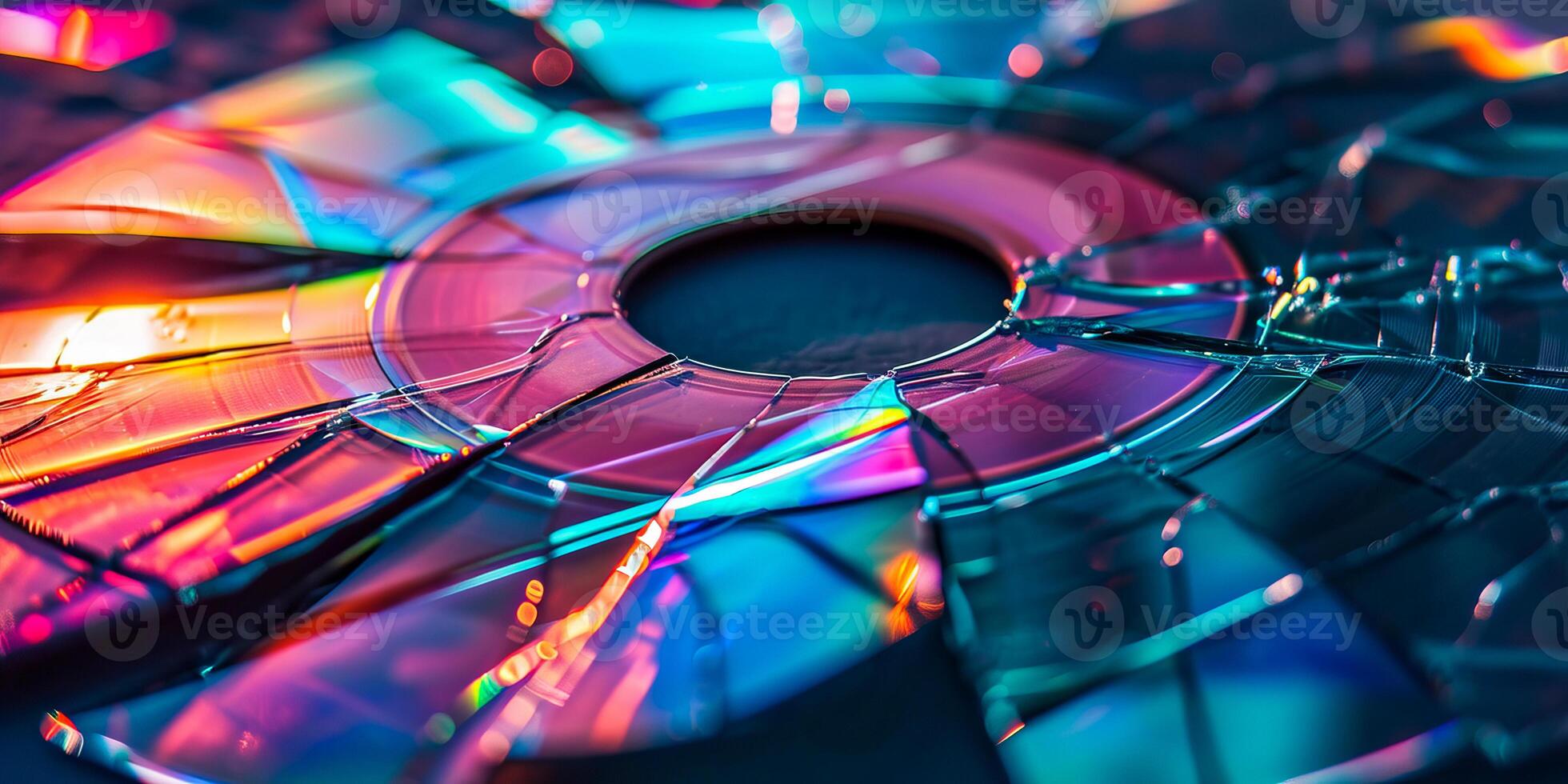 AI generated An array of broken CDs reflecting vibrant, iridescent colors, showcasing a beautiful play of light on shattered surfaces photo