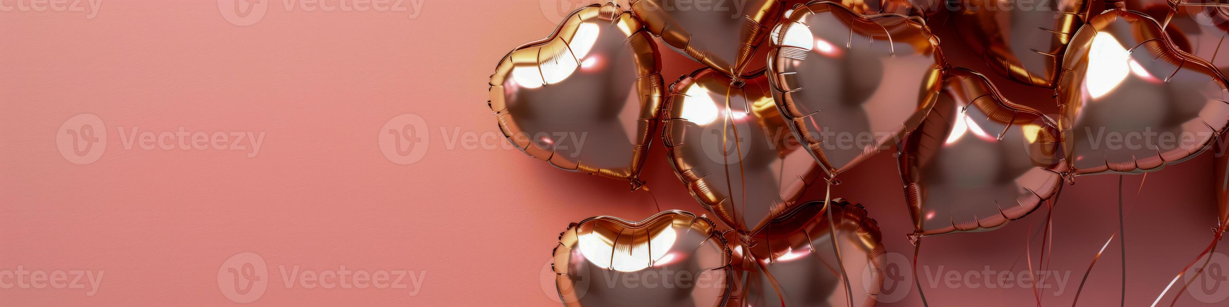 AI generated A cluster of rose gold heart-shaped balloons floating gracefully in the air, creating a beautiful and eye-catching sight as they drift upwards photo