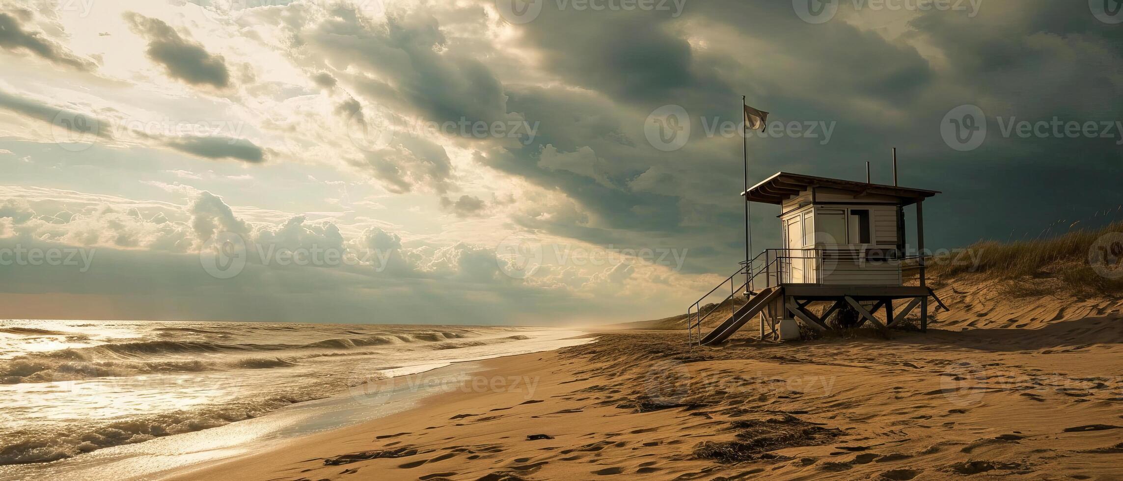 ai generado un solitario Salvavidas torre soportes Guardia terminado un abandonado playa, con foto