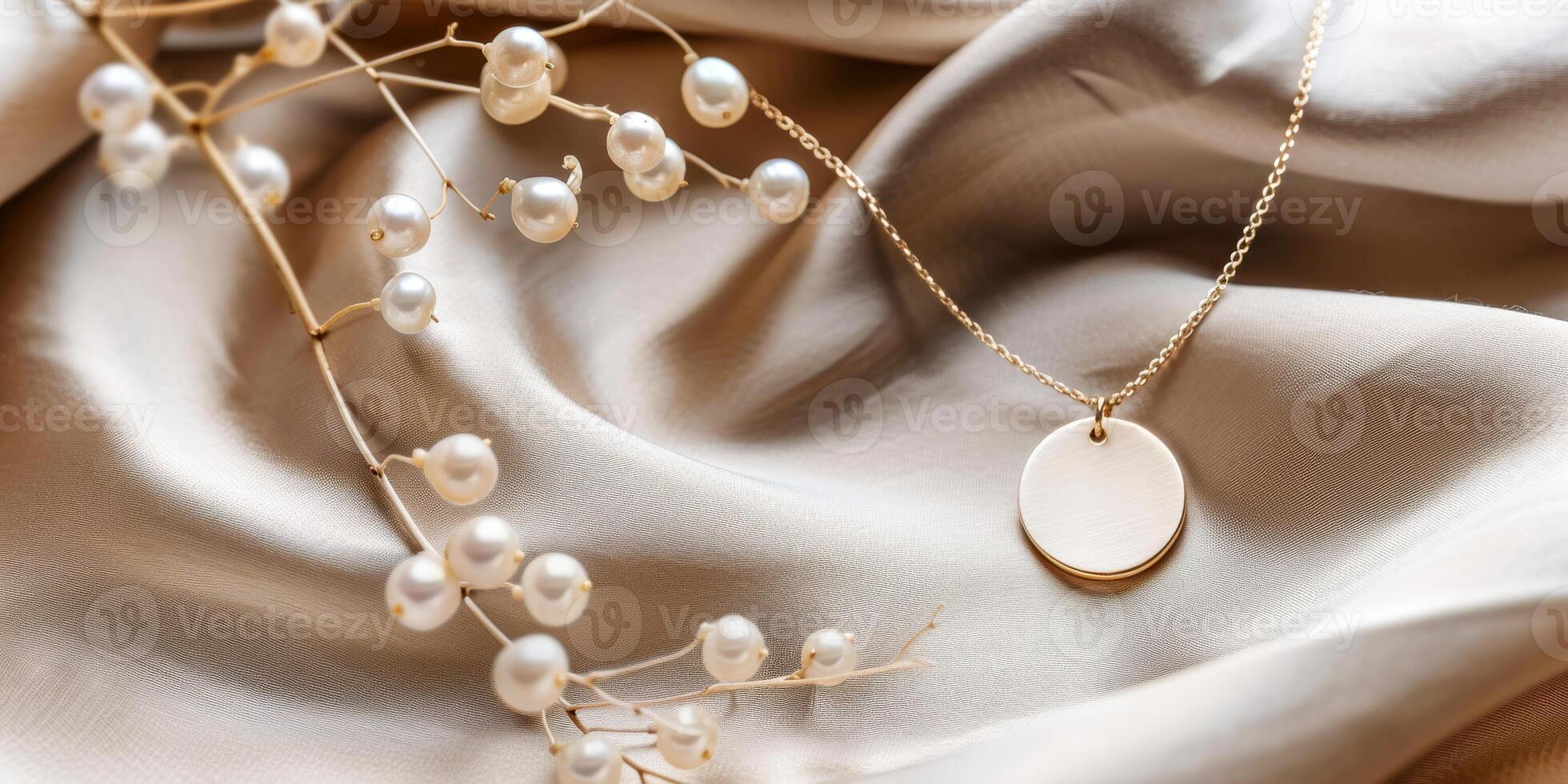 AI generated Photo of a elegant gold necklace with a simple circular pendant laying gracefully on a silk fabric, accompanied by a delicate branch of pearl berries