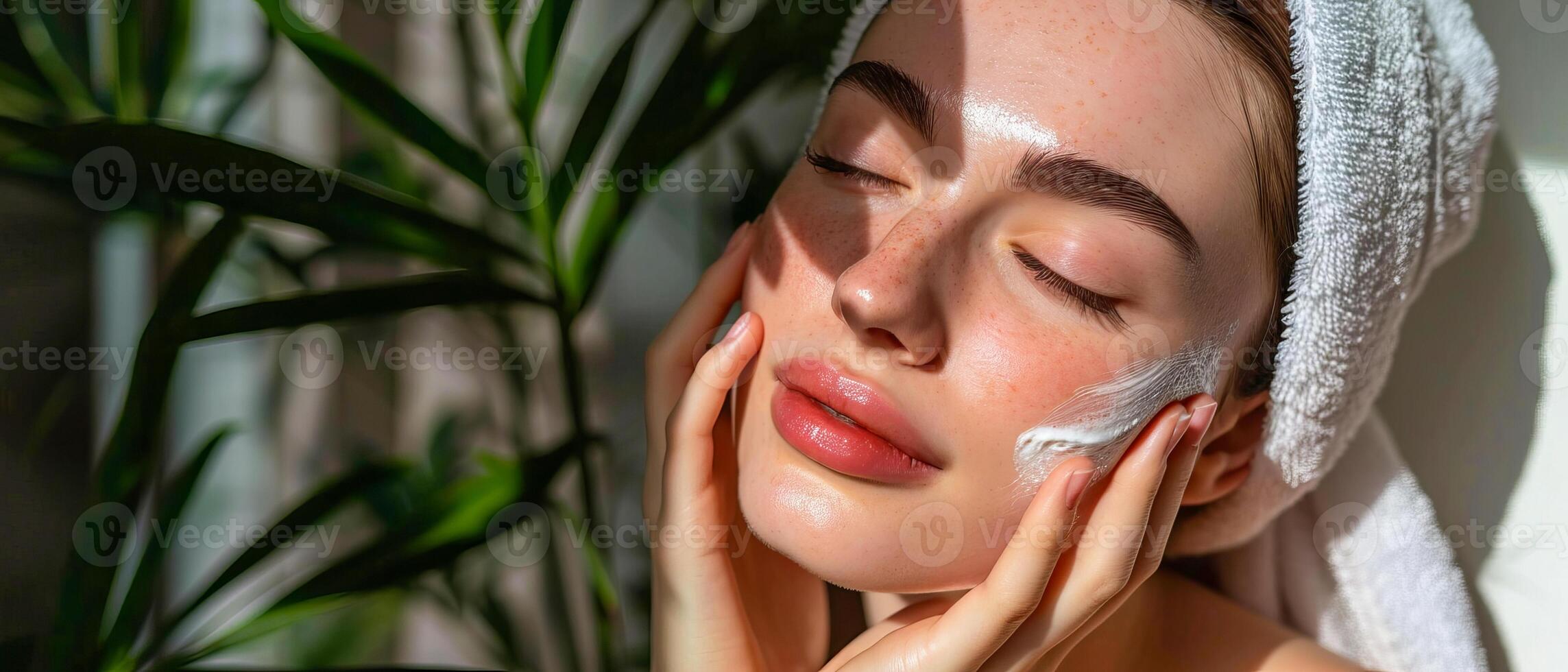 AI generated Woman with a towel wrapped around her head applying facial cream, surrounded by greenery photo