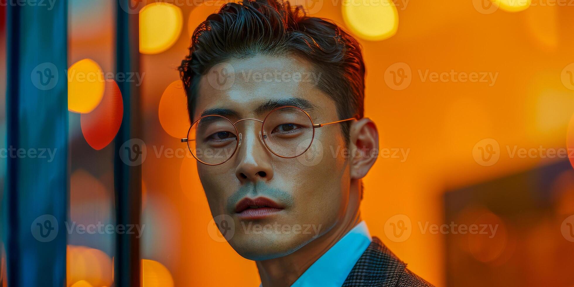 AI generated A well-dressed Asian man sporting glasses and a tailored suit, exuding professionalism and sophistication photo