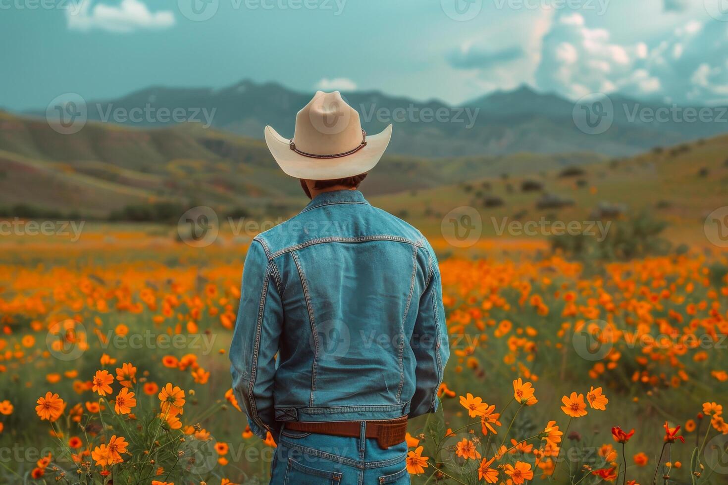 ai generado espalda ver de un escabroso vaquero en un mezclilla chaqueta y vaquero sombrero, mirando terminado un campo de naranja flores silvestres con montañas en el distancia foto