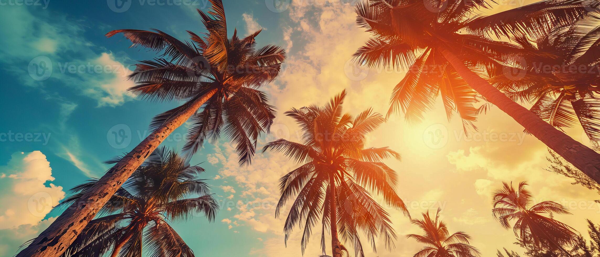 AI generated Transport yourself to a serene oasis with this vintage-inspired image capturing the beauty of palm trees against a backdrop of a stunning sunset photo