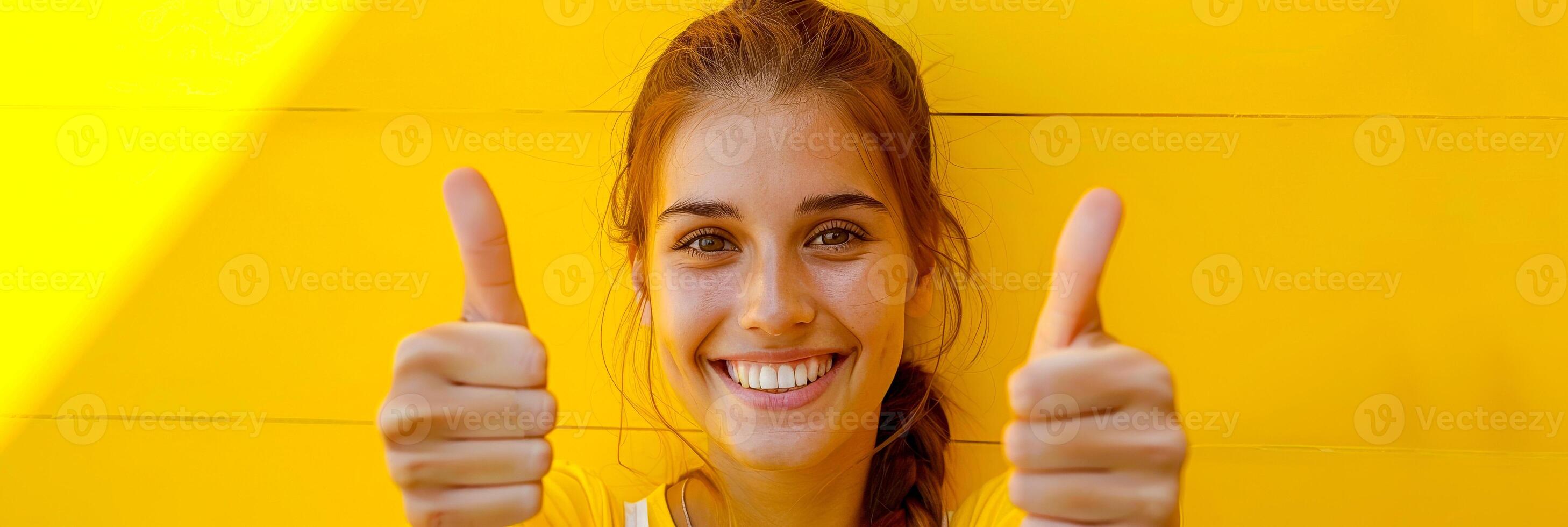 AI generated A young woman with brunette hair smiling and giving a thumbs up gesture, expressing positivity and approval. photo