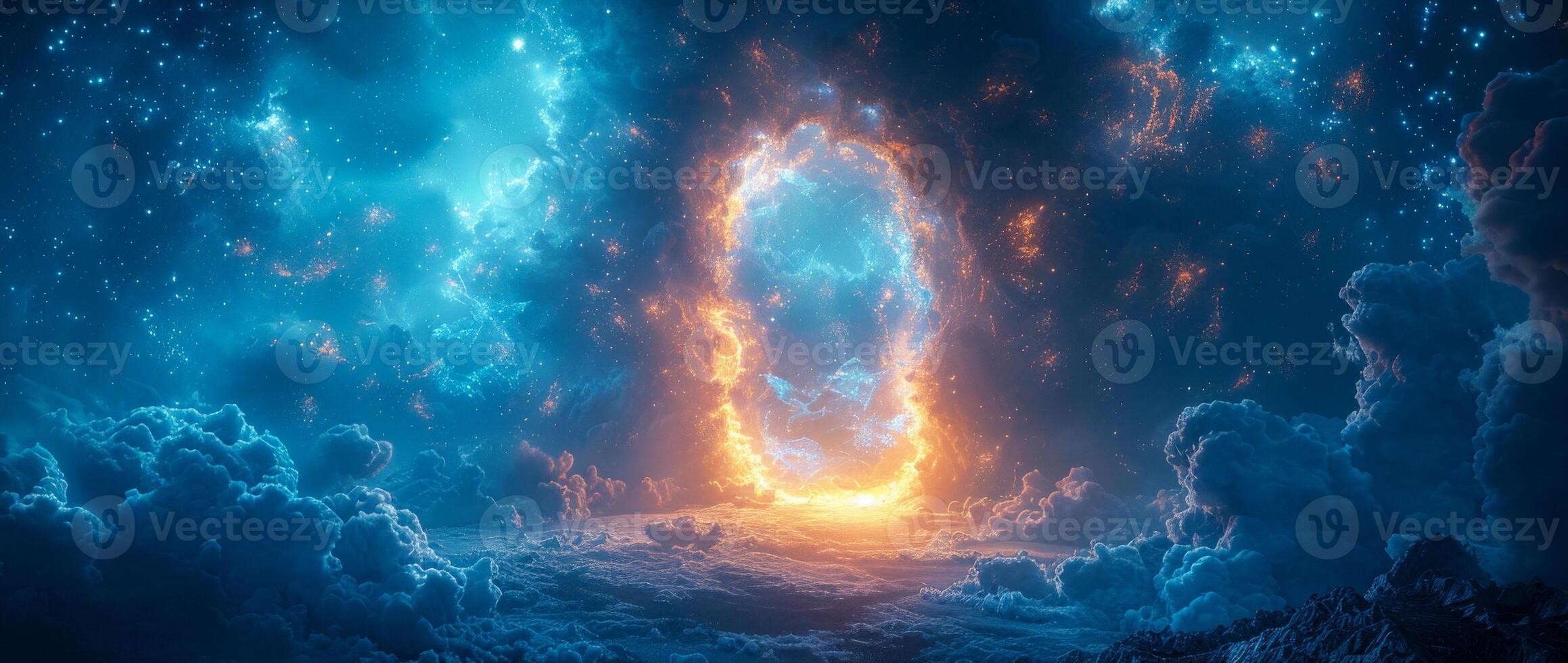 AI generated Alone door opening into the sky, encircled by soft, billowing clouds and a halo of divine light, with the contrasting serenity of a starry night sky photo