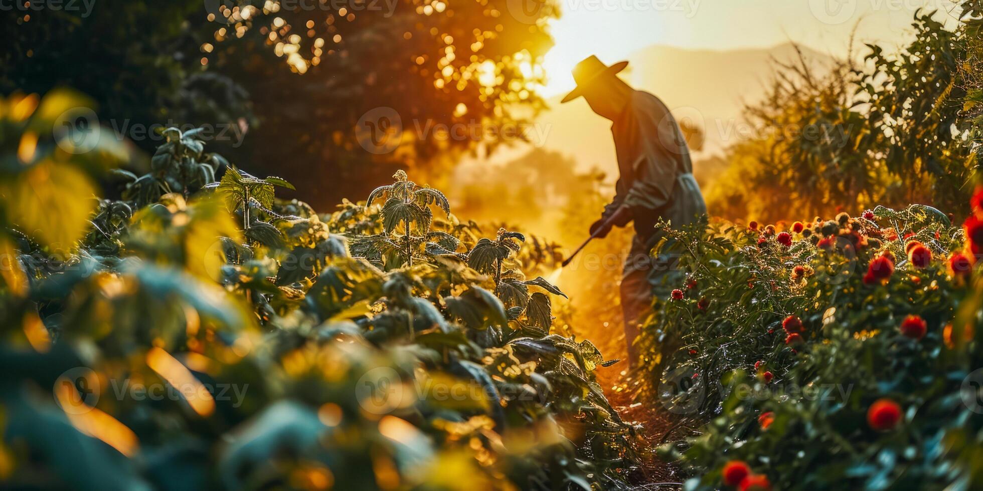 AI generated Silhouetted farmer sprays crops in golden light photo