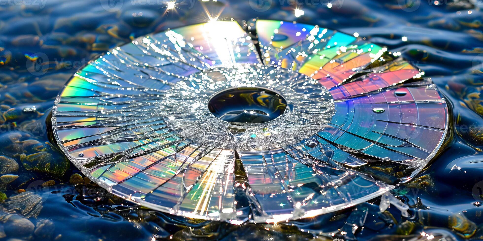 AI generated A broken CD lies amongst pebbles on the shore, its surface reflecting the sunlight in a spectrum of colors against the water photo