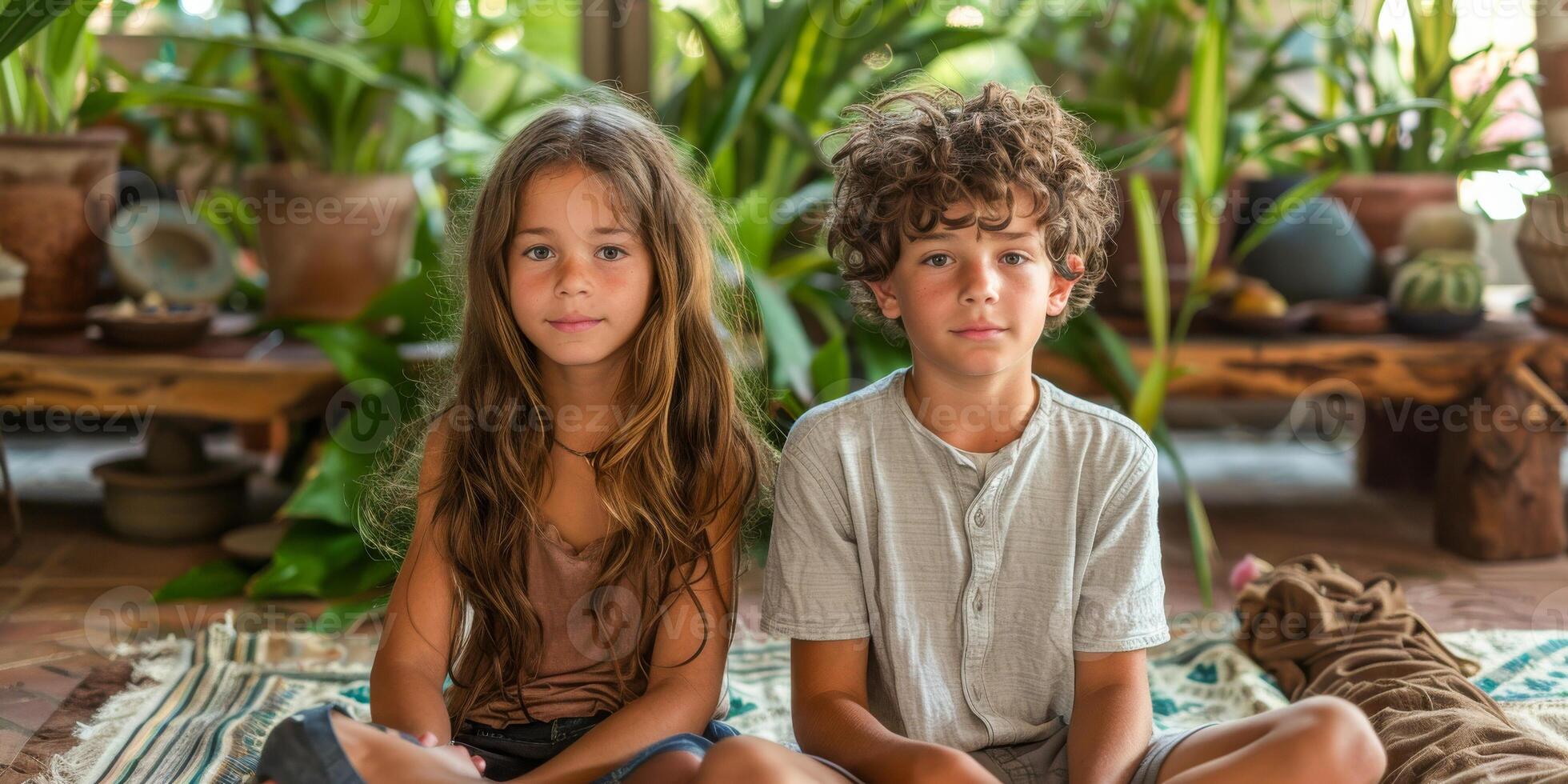 AI generated In a sunlit room surrounded by green plants, a young girl with long wavy hair and a little boy with curly locks sit in a meditative yoga pose, exuding tranquility photo