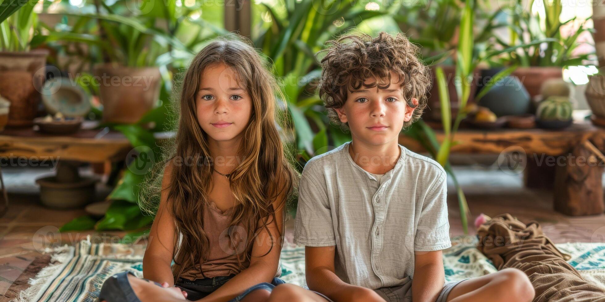 ai generado en un iluminado por el sol habitación rodeado por verde plantas, un joven niña con largo ondulado pelo y un pequeño chico con Rizado Cerraduras sentar en un meditativo yoga pose, exudando tranquilidad foto