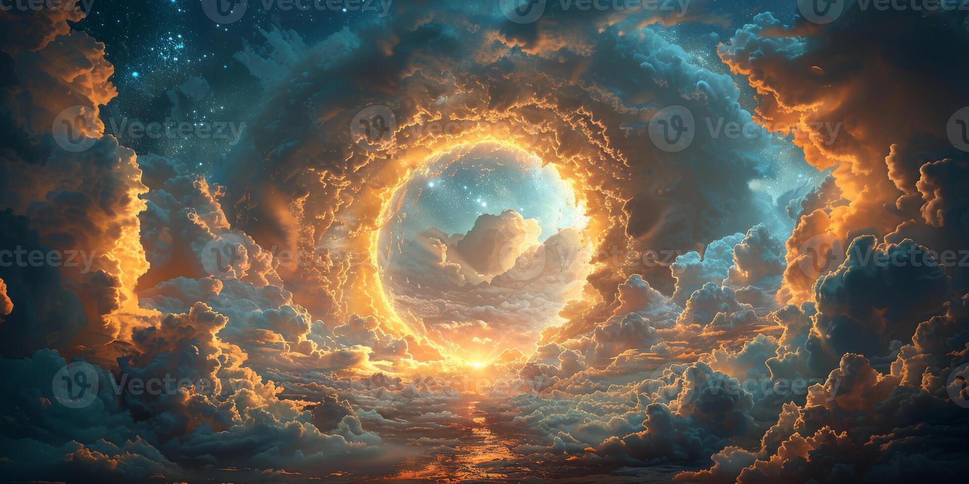 AI generated Alone door opening into the sky, encircled by soft, billowing clouds and a halo of divine light, with the contrasting serenity of a starry night sky photo