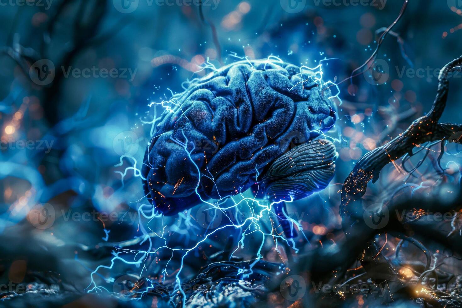 AI generated A vivid 3D illustration of a human brain surrounded by dynamic blue energy currents, symbolizing neural activity and cognitive processes photo