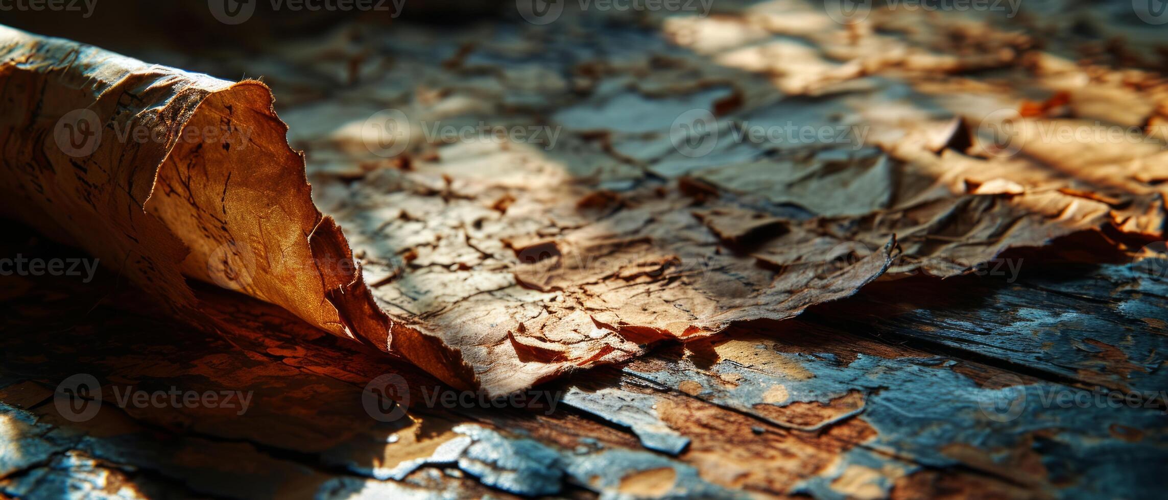 AI generated Close-up of weathered tree bark peeling off to reveal the intricate textures and patterns of aged wood photo