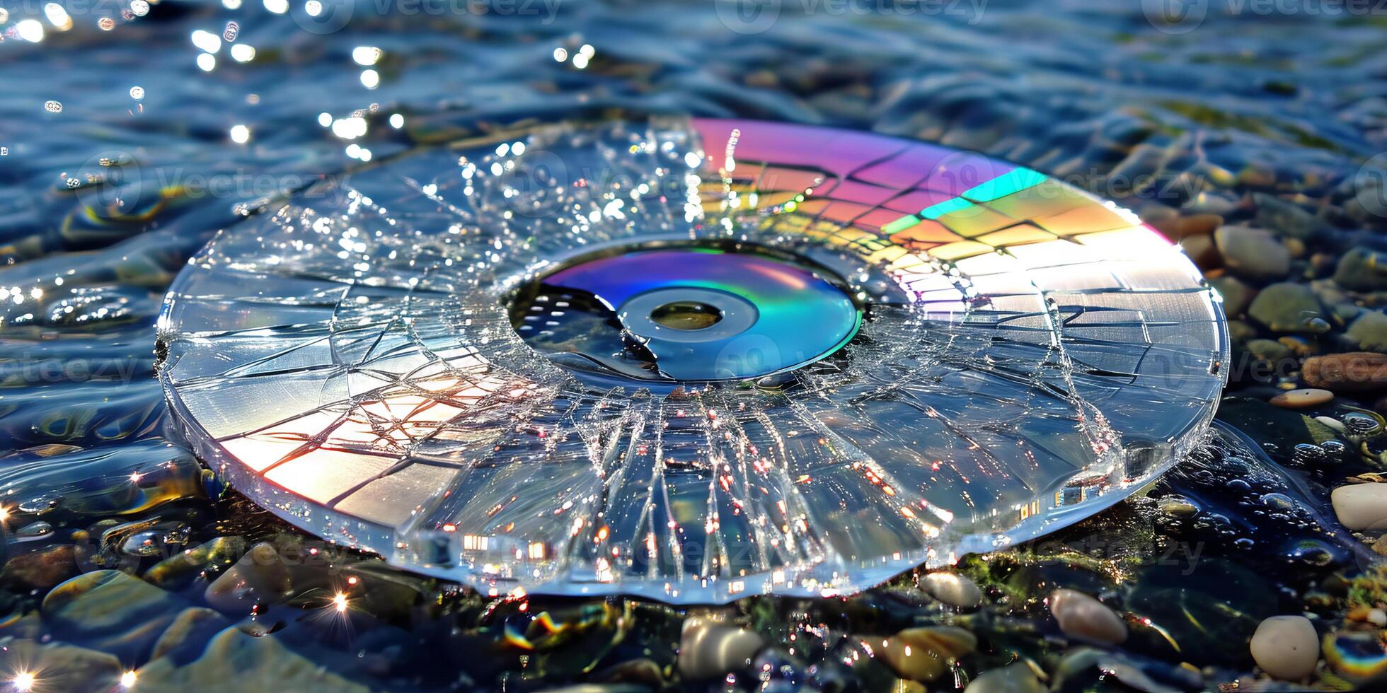 AI generated A broken CD lies amongst pebbles on the shore, its surface reflecting the sunlight in a spectrum of colors against the water photo