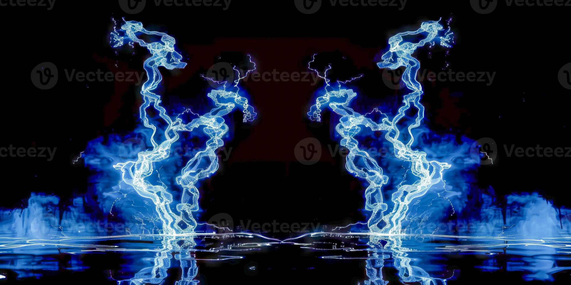 ai generado esta foto capturas un vívido azul antecedentes con múltiple eléctrico relámpago tornillos entrecruzado y superposición cada otro. el líneas crear un dinámica y sorprendentes visual efecto