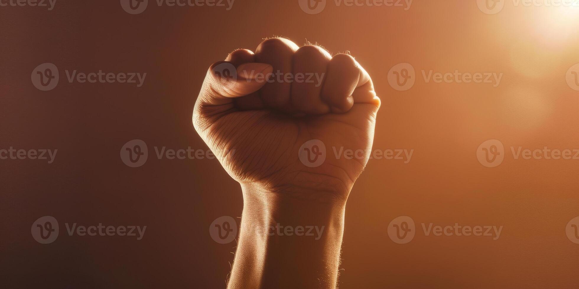 AI generated A strong and powerful image of a person raising their fist in the air, symbolizing defiance and protest. The gesture exudes empowerment and determination photo