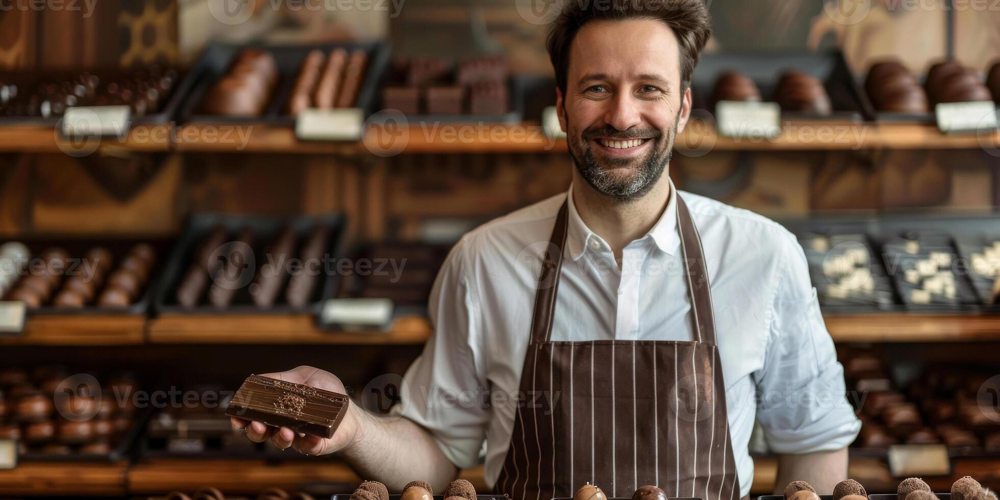 AI generated A photo of a master confectioner in a striped apron holding a piece of chocolate in his hands