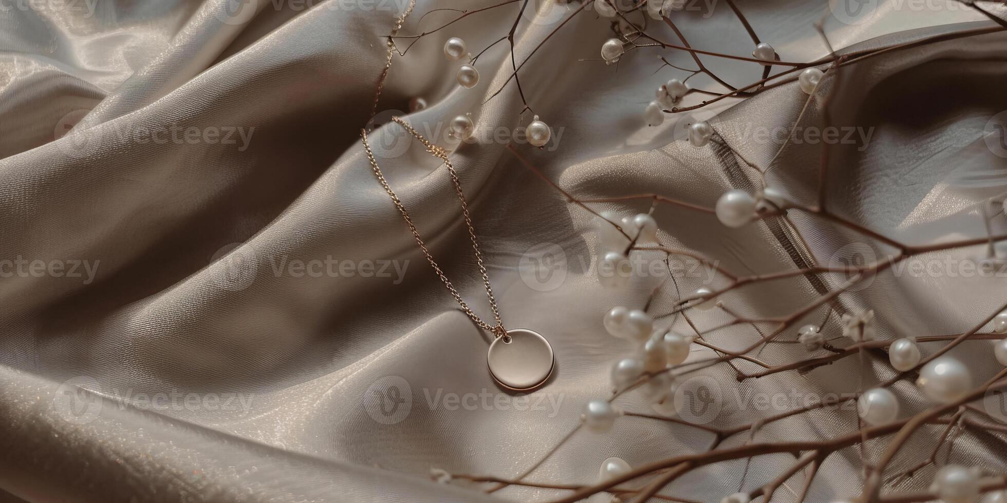 AI generated Photo of a elegant gold necklace with a simple circular pendant laying gracefully on a silk fabric, accompanied by a delicate branch of pearl berries