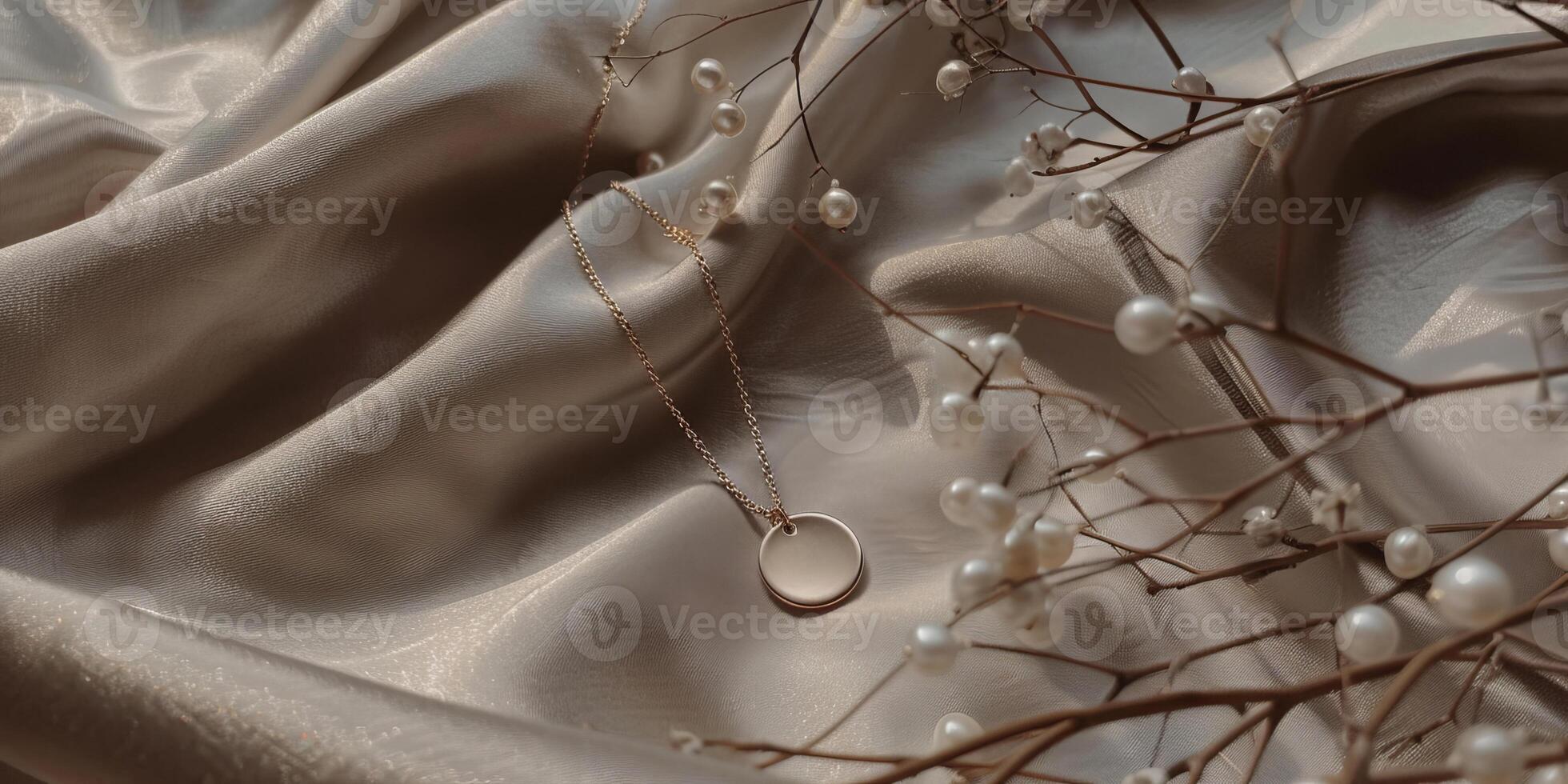 ai generado foto de un elegante oro collar con un sencillo circular colgante tendido graciosamente en un seda tela, acompañado por un delicado rama de perla bayas