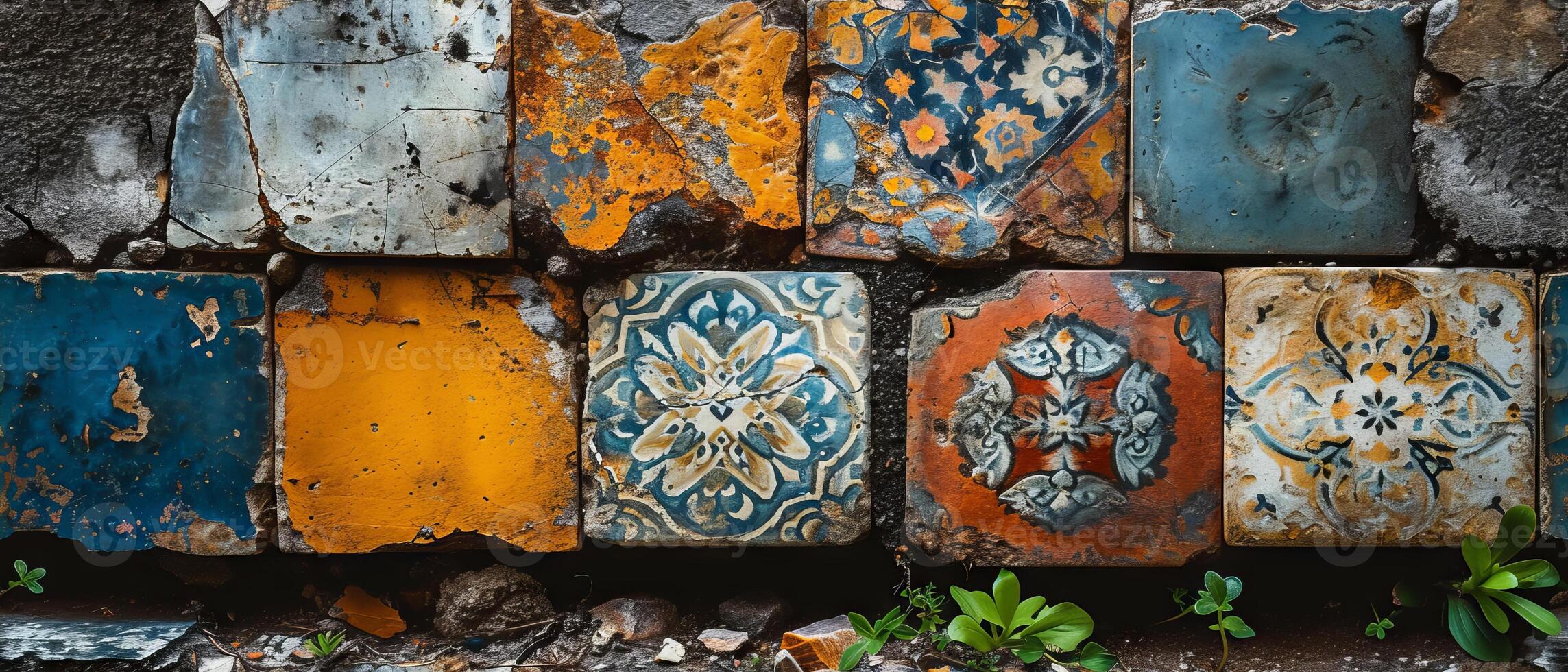 AI generated Wall of old, ornate tiles with peeling paint, showing patterns in various stages of weathering and decay photo