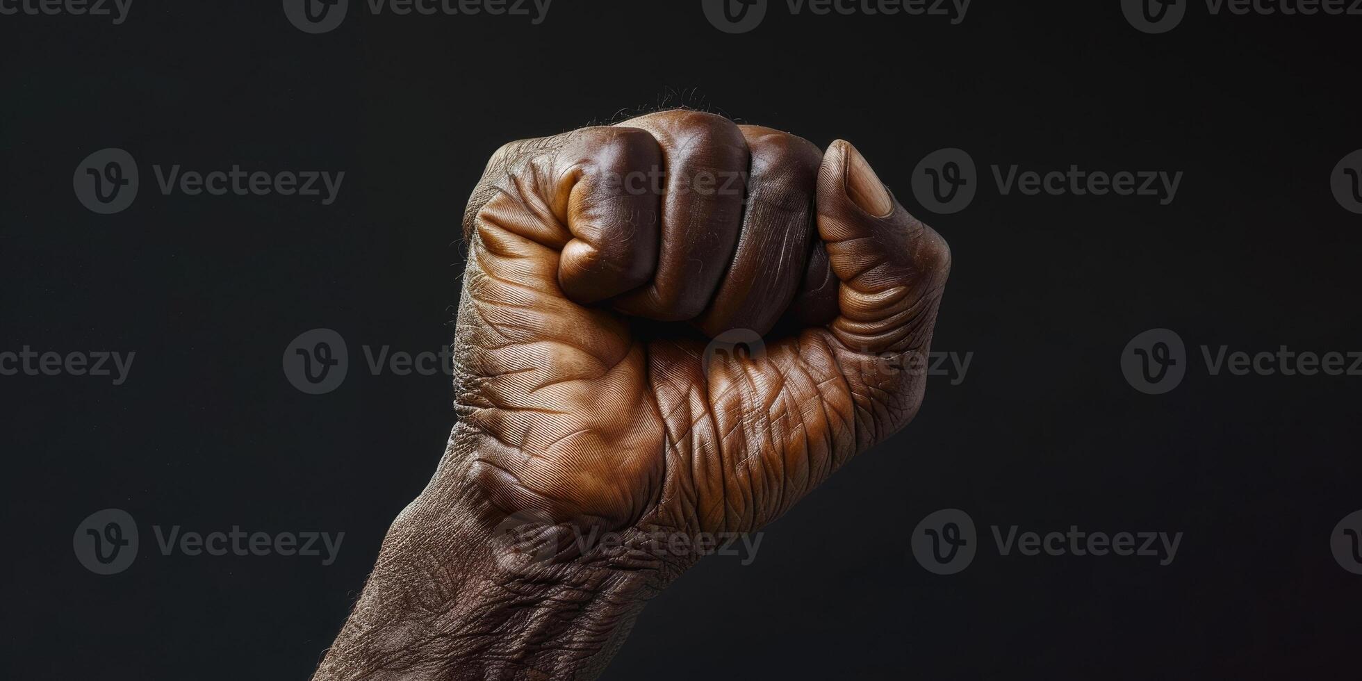 ai generado un foto exhibiendo un mans apretado puño en contra un rígido negro antecedentes. el imagen enfatiza fuerza, resiliencia, y determinación